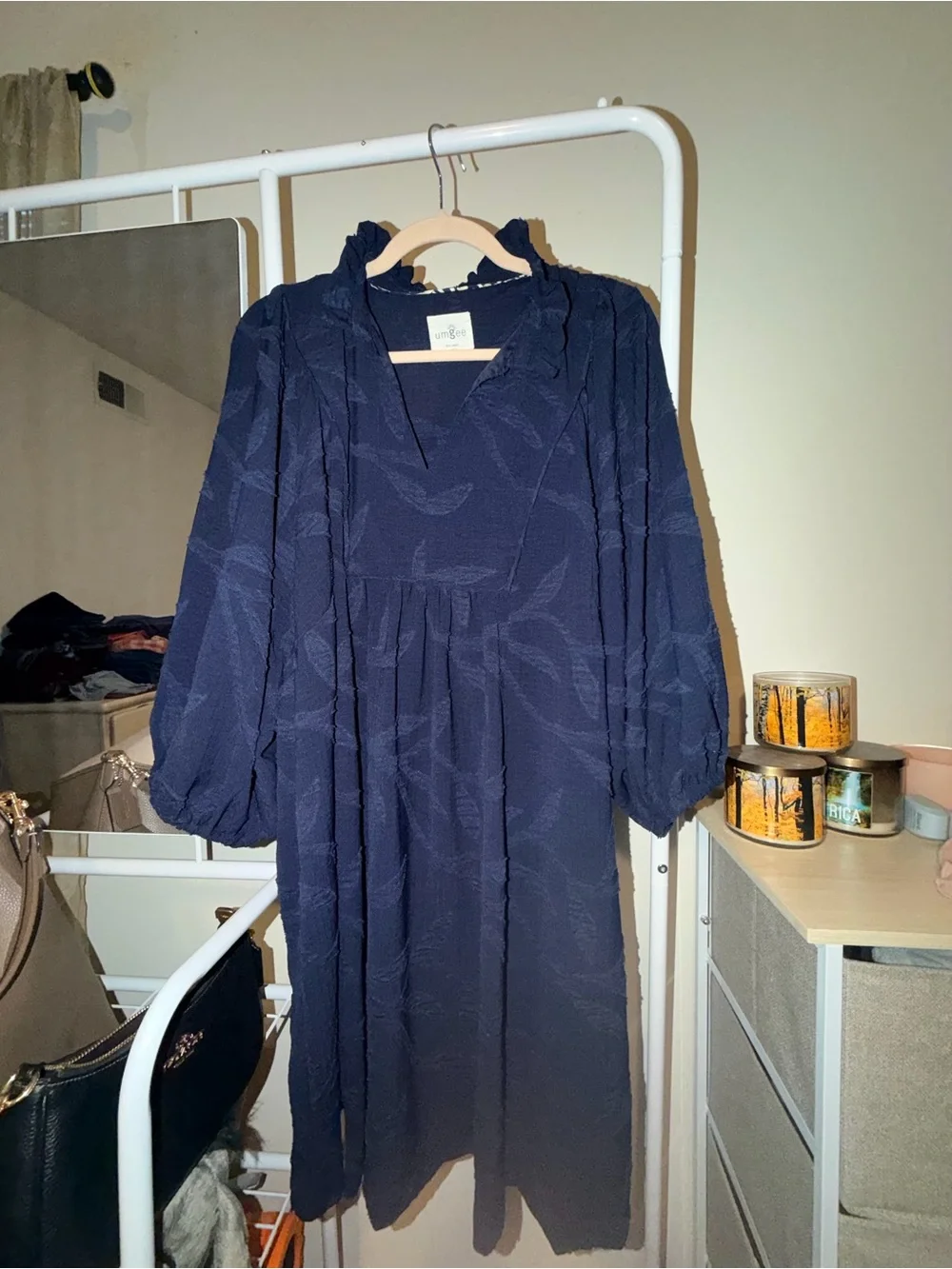Umgee Navy Blue Long Sleeve Ruffle Neck Dress